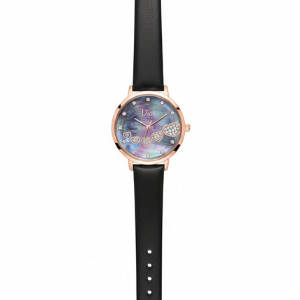 Women's Elegant Analog Watch – Black Leather Strap with Crystal Heart Dial