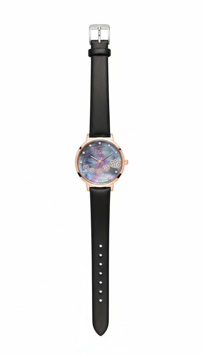 Women's Elegant Analog Watch – Black Leather Strap with Crystal Heart Dial