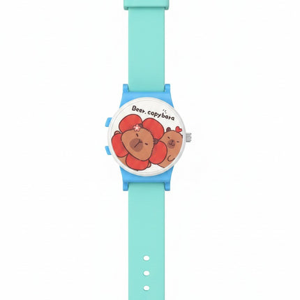 Kids Aqua Capybara Cartoon Watch – Cute Bear & Flower Design