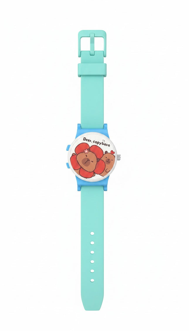 Kids Aqua Capybara Cartoon Watch – Cute Bear & Flower Design