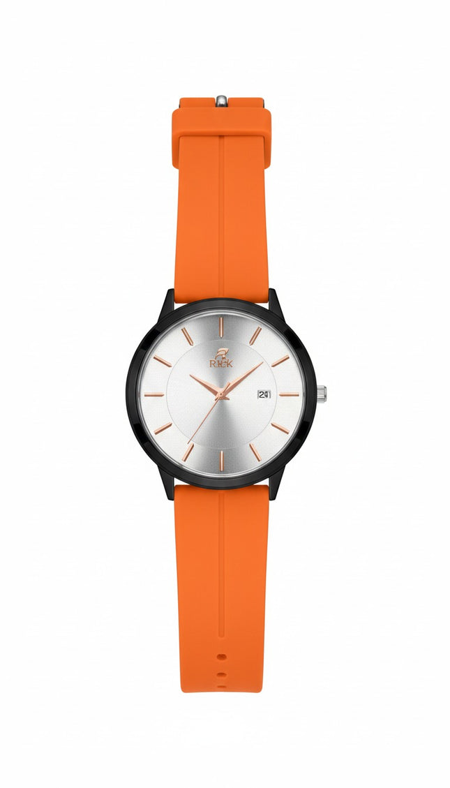 Rizk Elegant Analog Watch – Orange Silicone Strap | Date Display