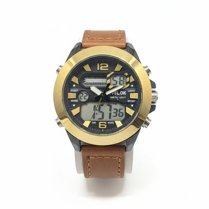 Men’s Dual Display Sports Watch – Brown Leather Strap | Gold Bezel Design