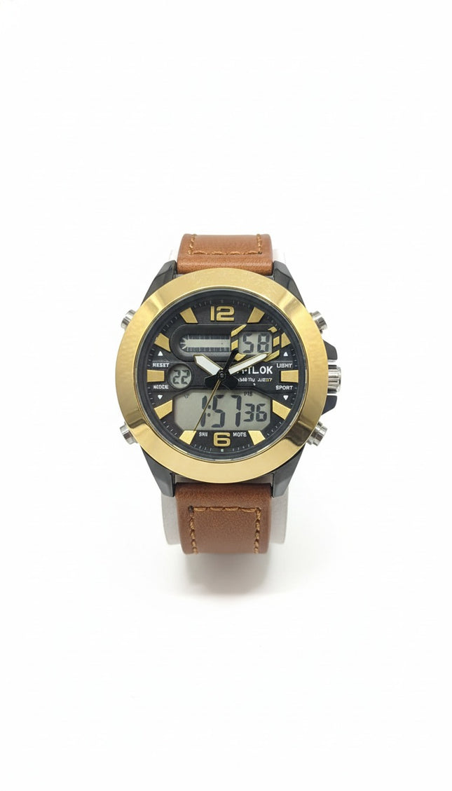 Men’s Dual Display Sports Watch – Brown Leather Strap | Gold Bezel Design