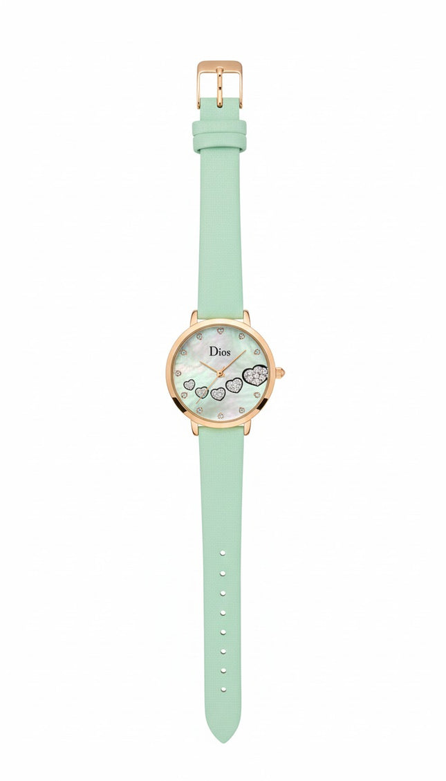 Women's Elegant Analog Watch – Mint Green Strap with Crystal Heart Dial