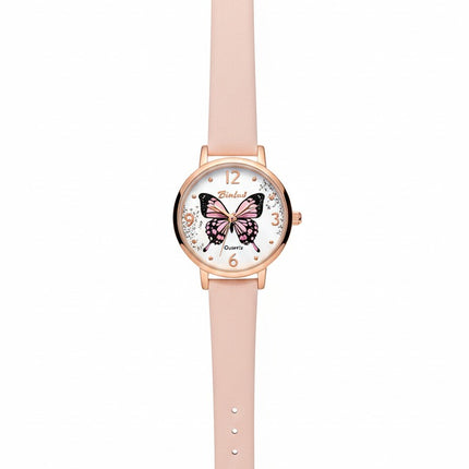 Women's Elegant Analog Watch – Pink Leather Strap with Butterfly Dial