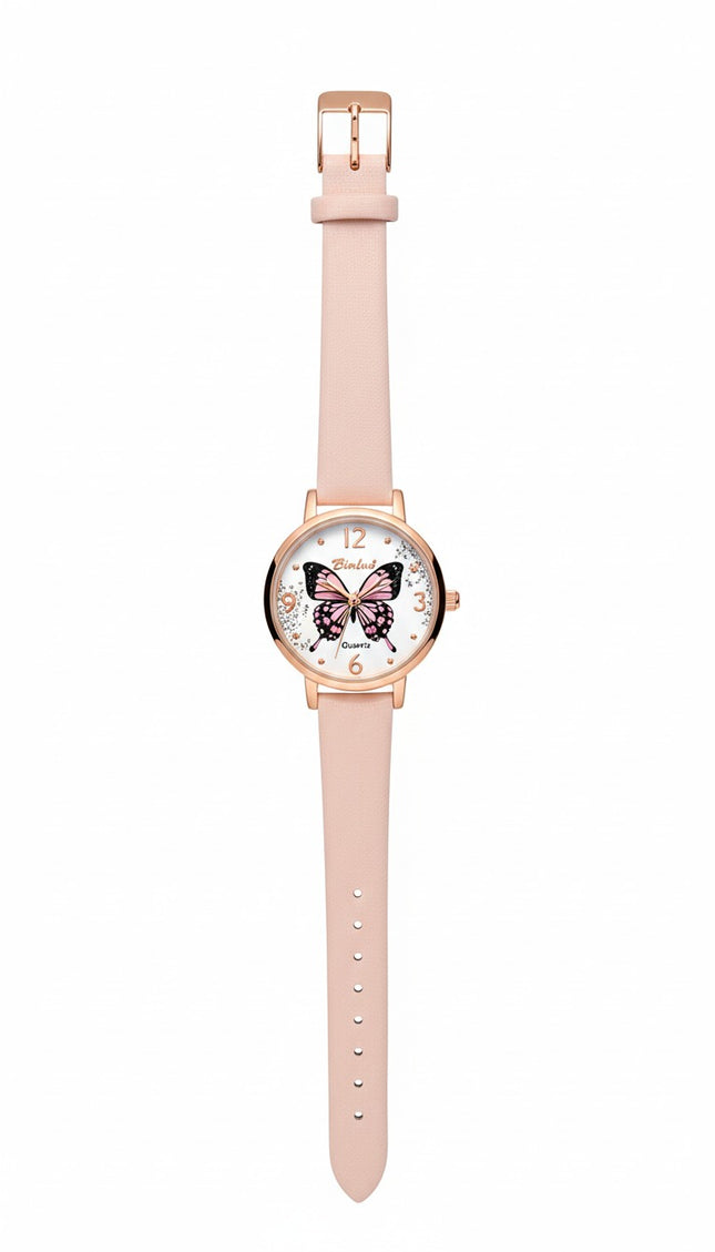 Women's Elegant Analog Watch – Pink Leather Strap with Butterfly Dial
