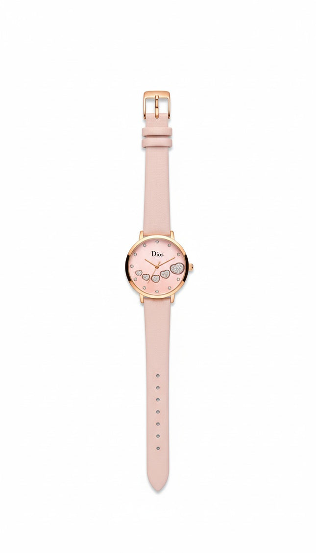 Women's Elegant Analog Watch – Pink Leather Strap with Crystal Heart Dial