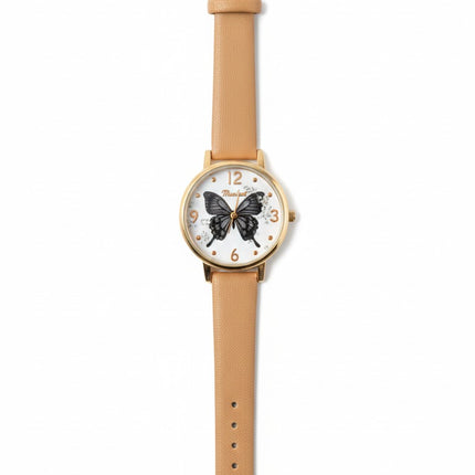 Women's Elegant Analog Watch – Brown Leather Strap with Butterfly Dial