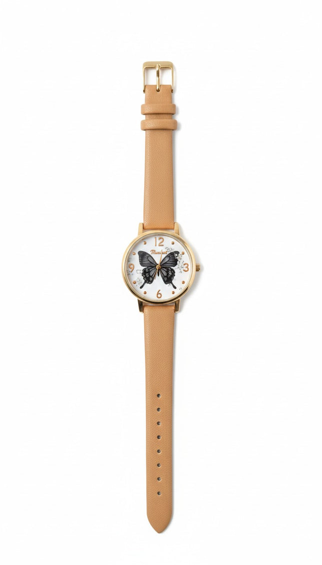 Women's Elegant Analog Watch – Brown Leather Strap with Butterfly Dial