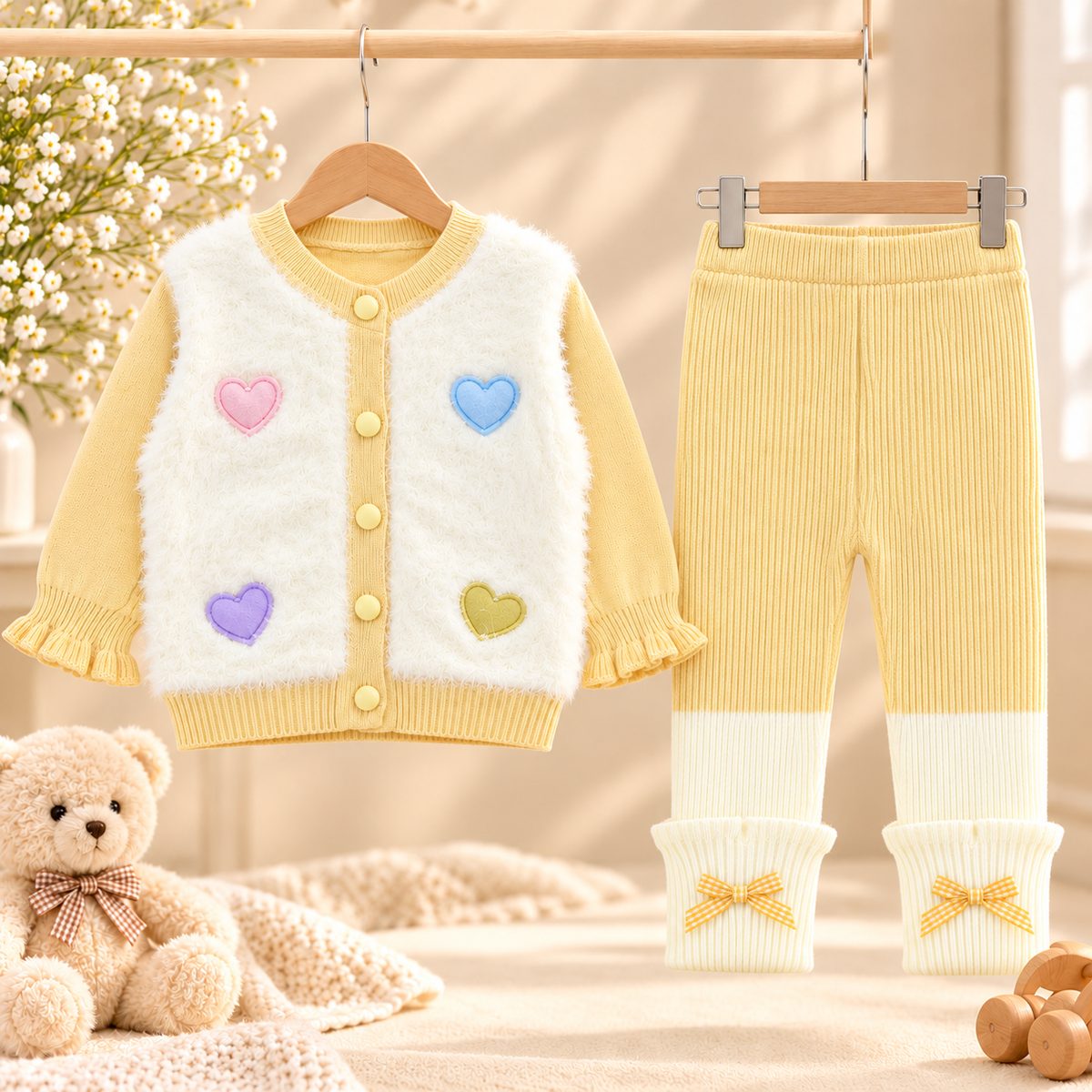 Baby Girls Fluffy Heart Cardigan & Knitted Pants Set