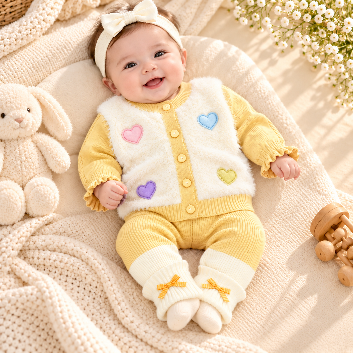 Baby Girls Fluffy Heart Cardigan & Knitted Pants Set