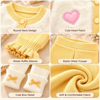 Baby Girls Fluffy Heart Cardigan & Knitted Pants Set