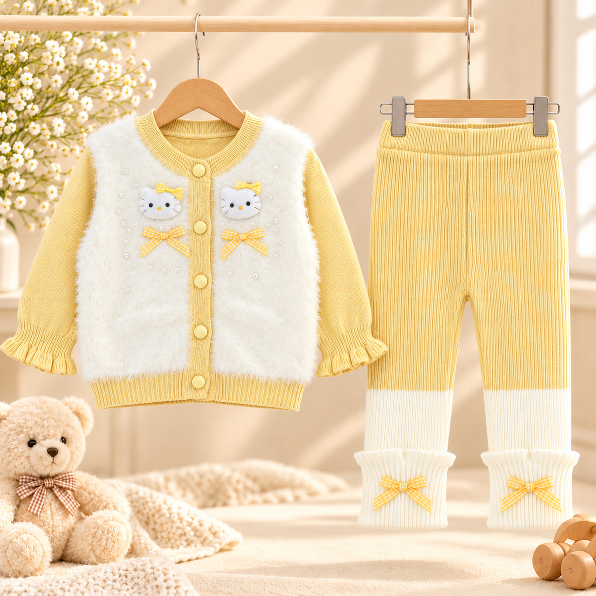 Baby Girls Fluffy Kitty Cardigan & Knitted Pants Set