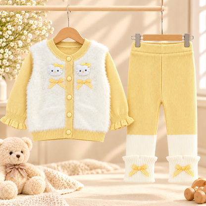 Baby Girls Fluffy Kitty Cardigan & Knitted Pants Set