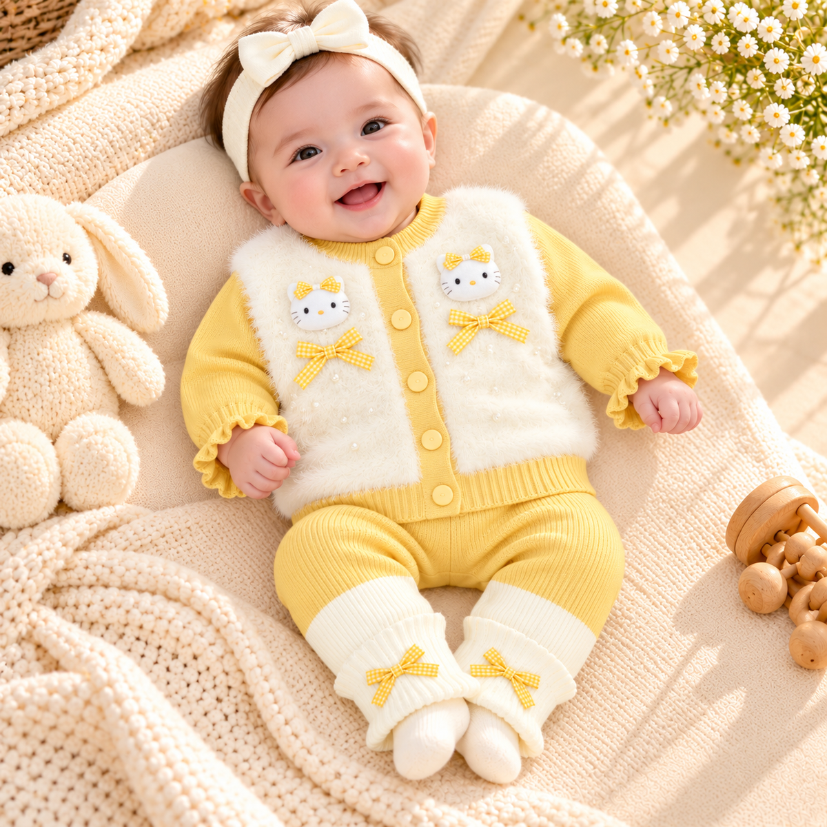 Baby Girls Fluffy Kitty Cardigan & Knitted Pants Set