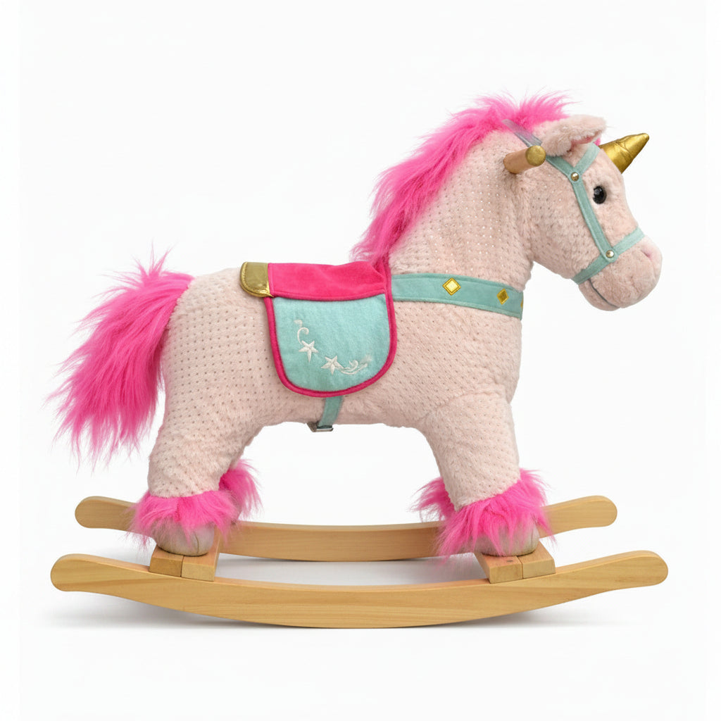 Kids Plush Unicorn Rocking Ride-On with Wheels – Soft Wooden Rocker Toy (Pink & White)
