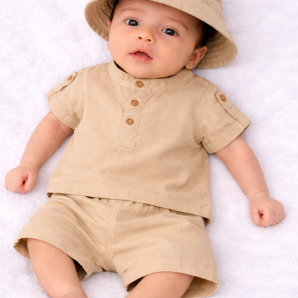 Baby Boy Classic Beige Summer Outfit Set with Hat (3-Piece)