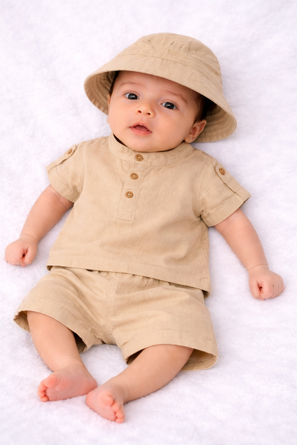 Baby Boy Classic Beige Summer Outfit Set with Hat (3-Piece)