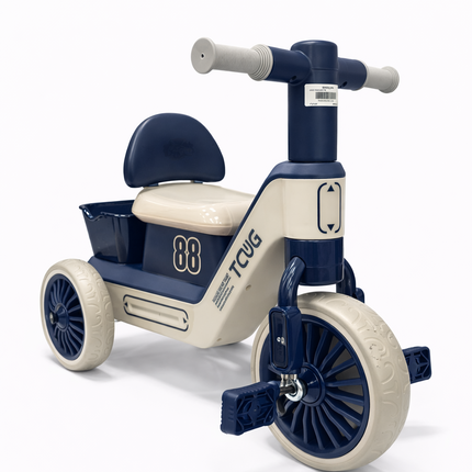 Kids Ride-On Pedal Tricycle with Storage Basket & Backrest – Navy Blue & Cream