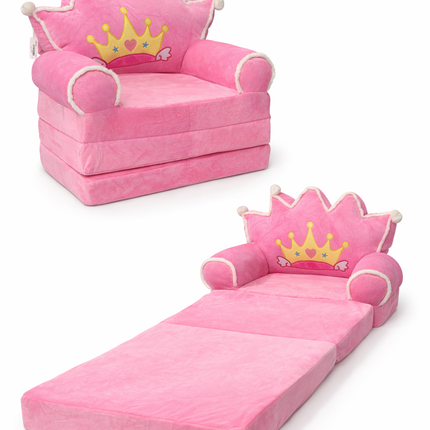 Princess Crown Kids Sofa Chair – Soft Plush Foldable Seat (Pink)