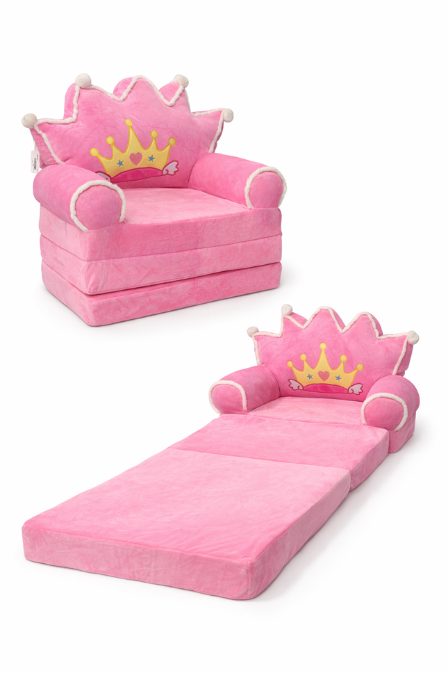 Princess Crown Kids Sofa Chair – Soft Plush Foldable Seat (Pink)