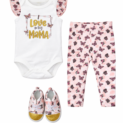 Love My Mama Baby Girl 3-Piece Outfit Set – Butterfly Bodysuit, Printed Leggings & Sneakers