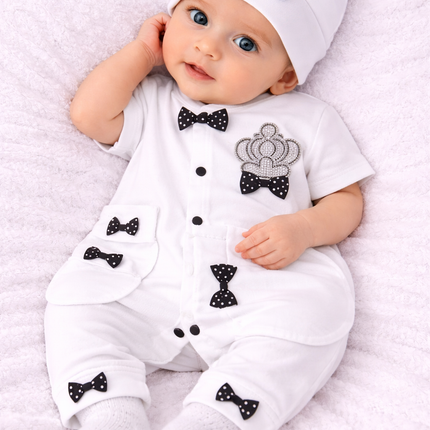 Elegant Baby Boy White Romper with Crown Embellishment & Bow Tie Detail