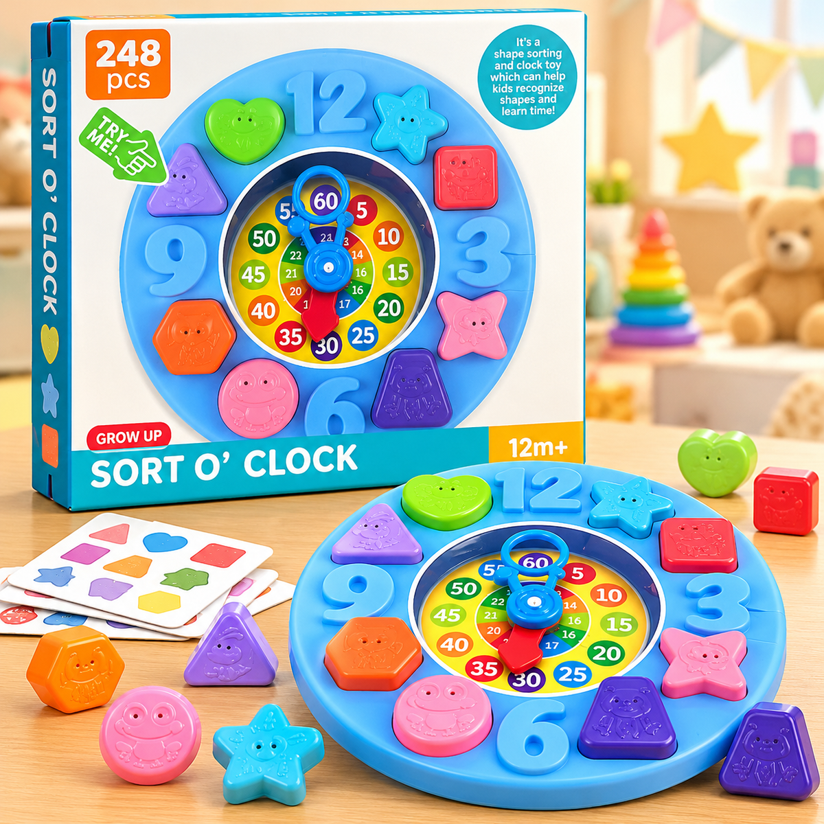 Kids Sort O’ Clock – Colorful Shape Sorting & Time Learning Educational Toy