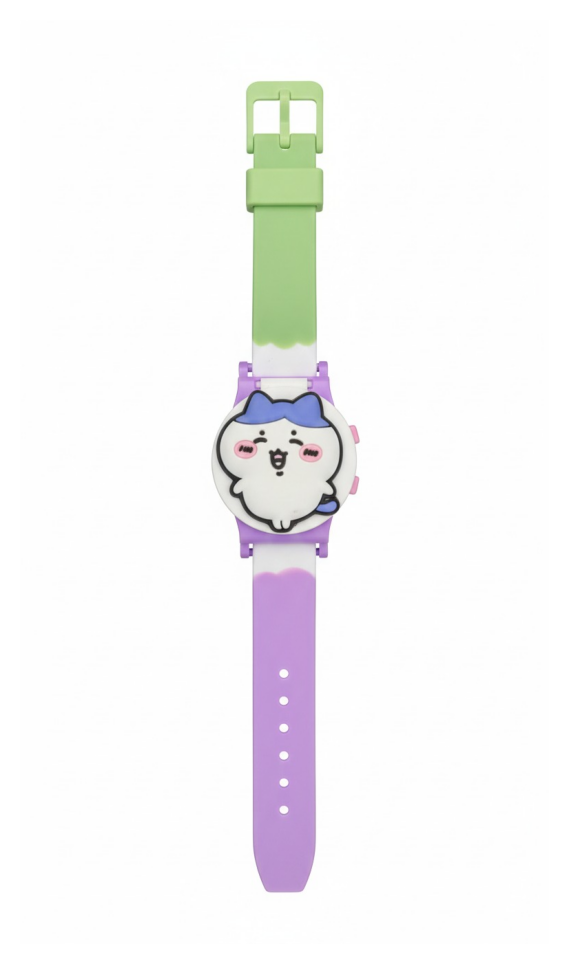 Kids Cartoon Character Watch – Pastel Green & Purple Strap (Cute Puppy Design)