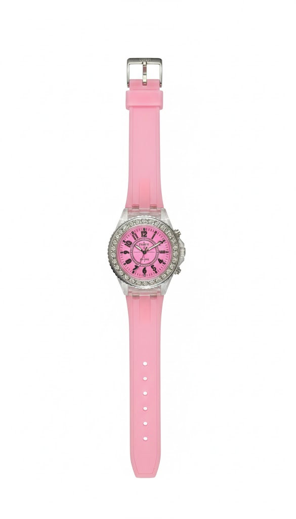 Kids Fancy Analog Watch – Pink Silicone Strap with Crystal Bezel