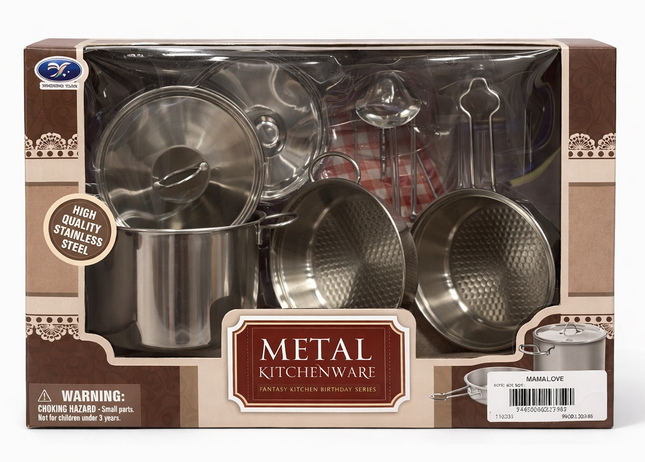 Metal Kitchenware Cooking Set – Stainless Steel Pots & Pans Play Set for Kids