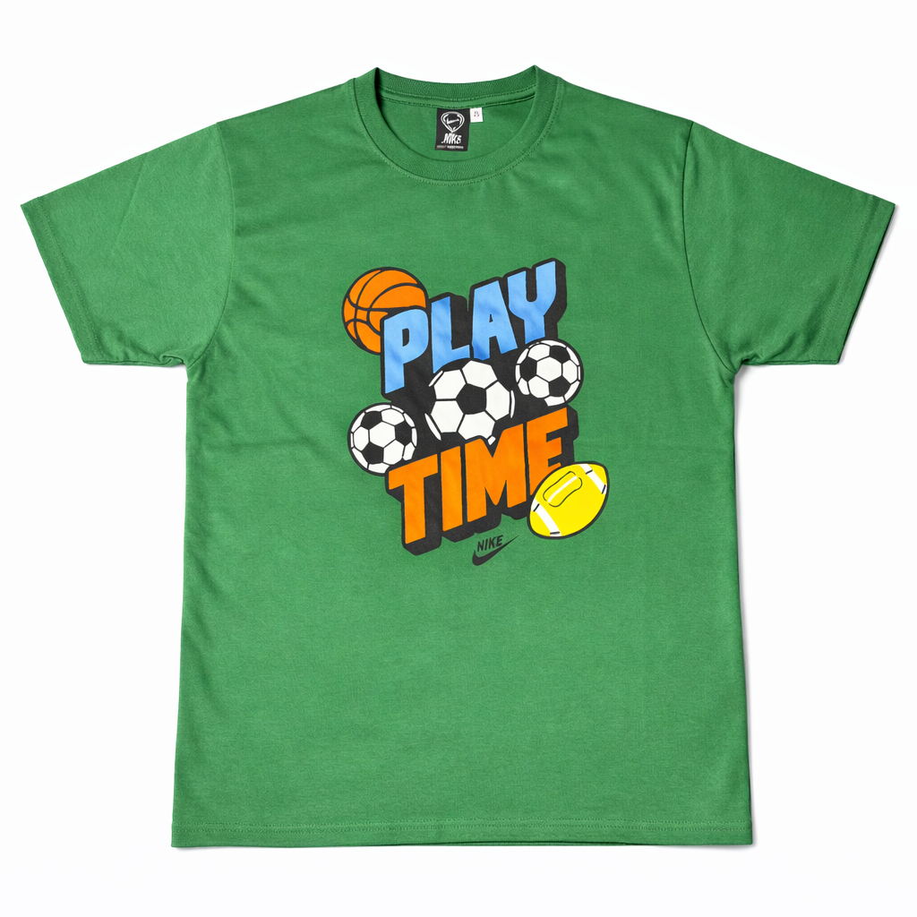 Kids Green “Play Time” Sports Graphic T-Shirt – Round Neck Half Sleeves