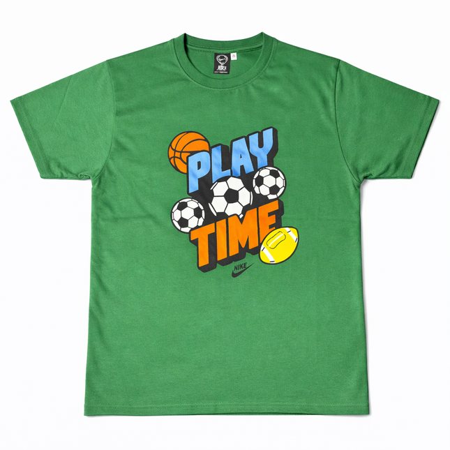 Kids Green “Play Time” Sports Graphic T-Shirt – Round Neck Half Sleeves