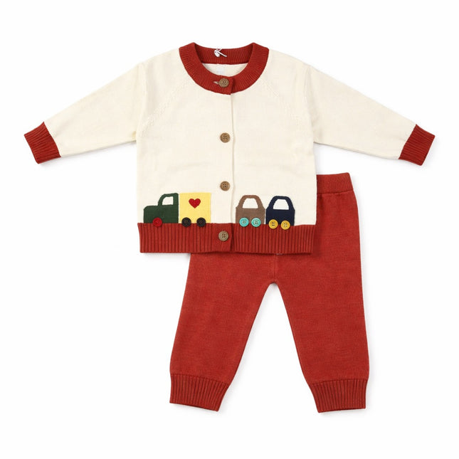 Cute Knit Baby Outfit Set for 3–9 Months – Cream Cardigan & Red Pants Two-Piece Set