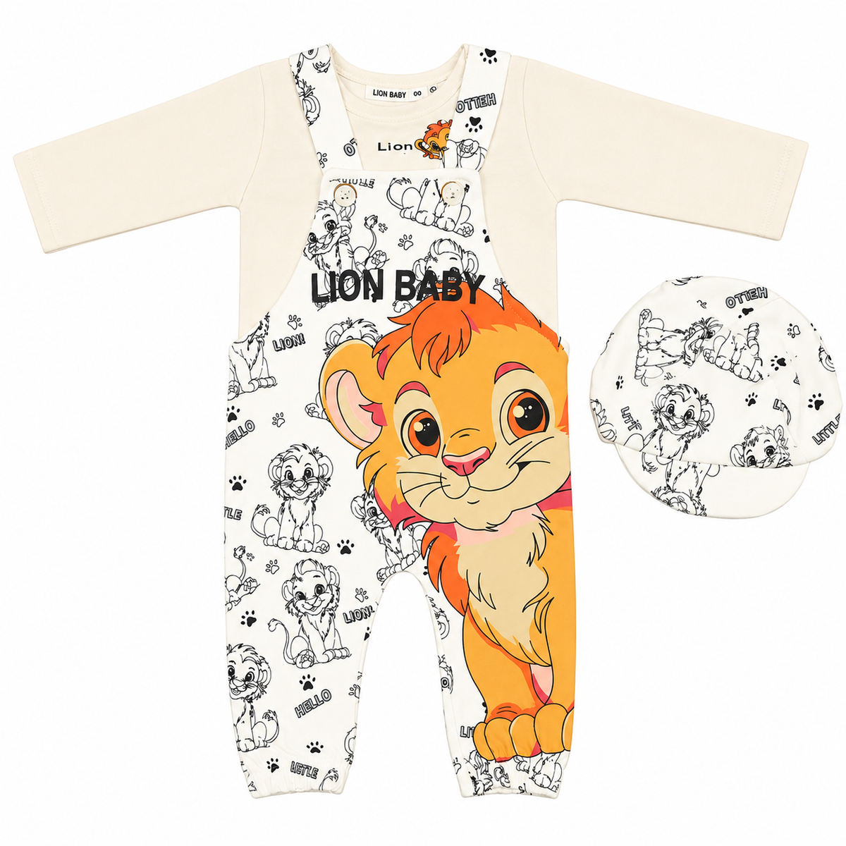 Baby Lion Printed Dungaree Romper Set with Full-Sleeve Shirt & Cap