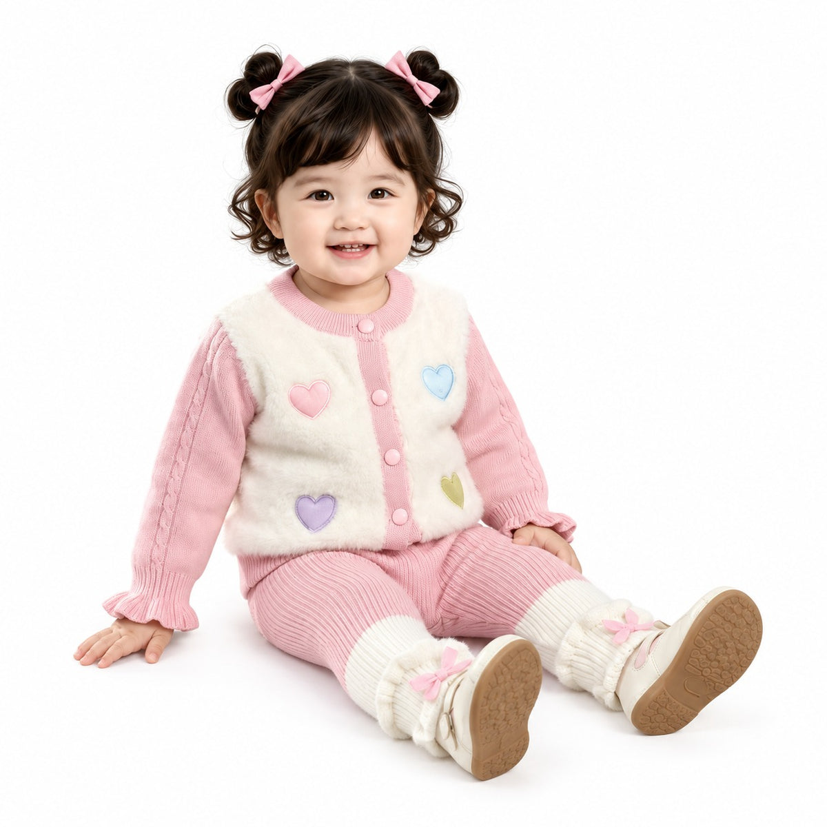 Girls’ Heart Appliqué Knitted Winter 2-Piece Set – Pink