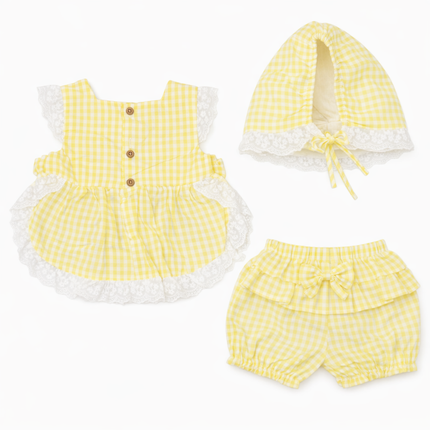 Baby Girl Yellow Gingham 3-Piece Summer Set with Bonnet