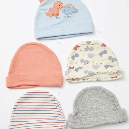 5-Piece Summer Baby Cap Set – Lightweight Cotton Dinosaur Newborn Hats (Breathable & Soft)