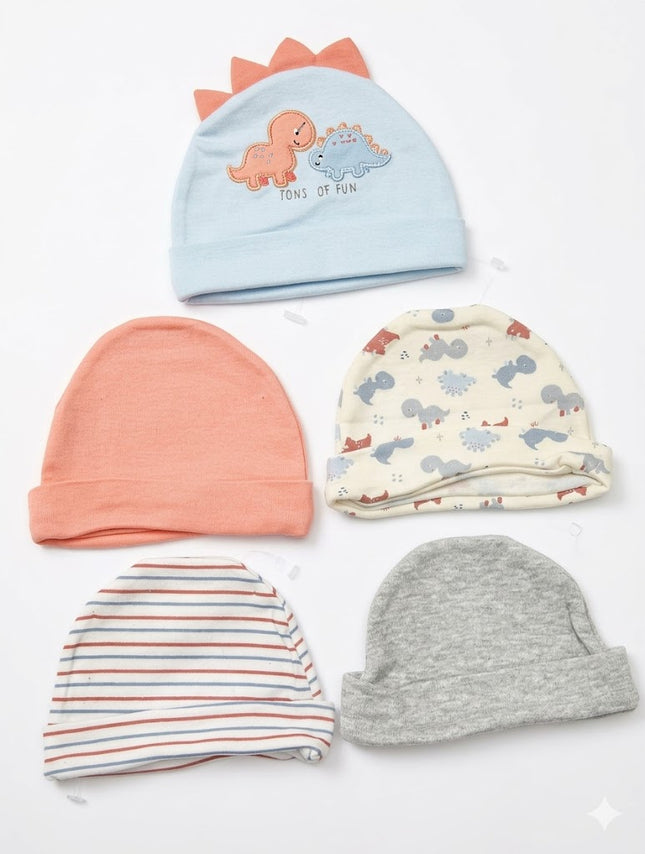 5-Piece Summer Baby Cap Set – Lightweight Cotton Dinosaur Newborn Hats (Breathable & Soft)