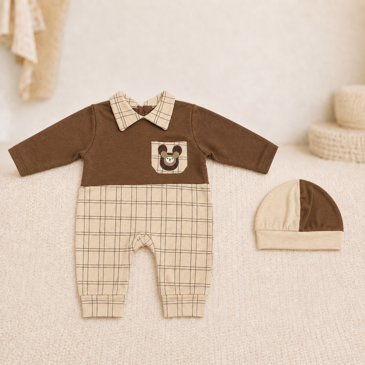 Bear Checkered Early-Winter Romper Set with Cap – Brown & Cream