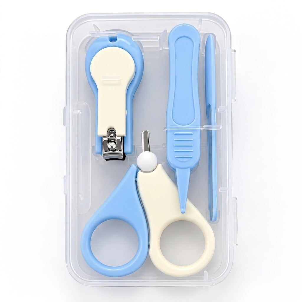 A 5-piece baby nail care set in a clear plastic storage case, featuring a nail clipper, nail scissors, a nail file, and two blue plastic tools on a white background.