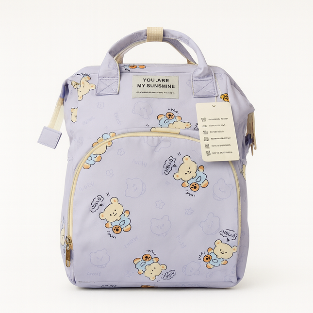 Purple Cartoon Bear Diaper & Travel Backpack – “You Are My Sunshine” Edition