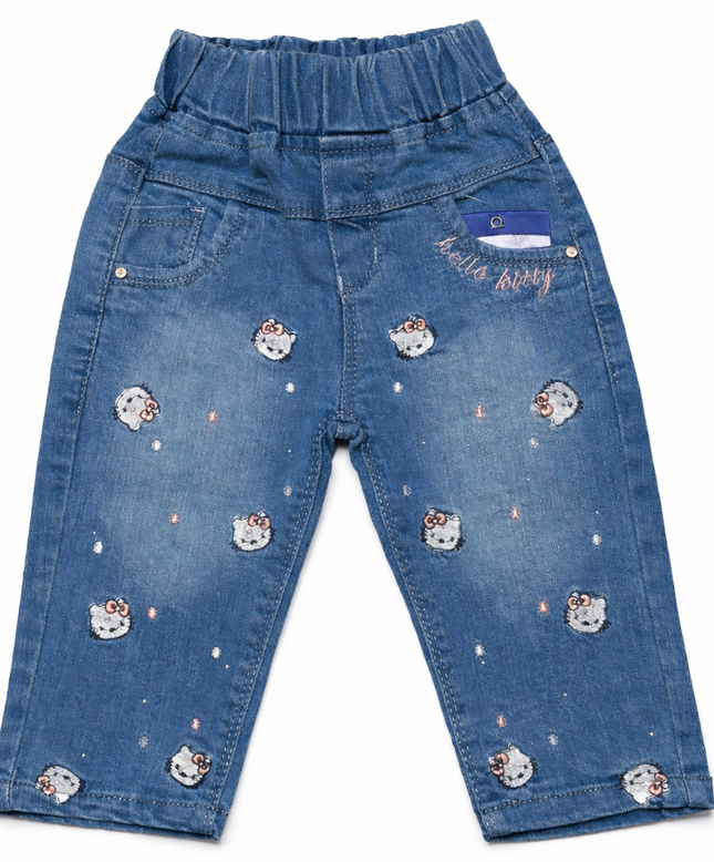 Girls Cute Kitty Embroidered Denim Capri Pants – Soft Stretch Summer Jeans