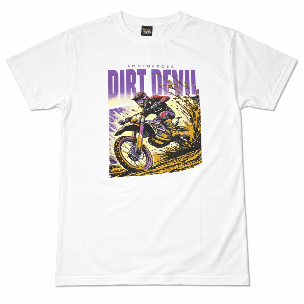 White “Dirt Devil” Motocross Graphic T-Shirt – Round Neck