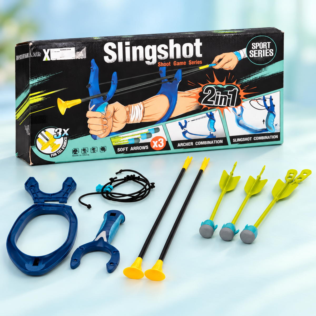 2-in-1 Slingshot & Archery Toy Set (Sport Series) – Soft Suction Arrows (3pcs)