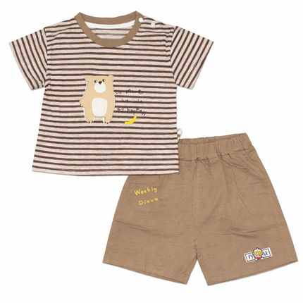 Cute Bear Baby Boy 2-Piece Summer Set (Striped T-Shirt & Shorts – Brown)