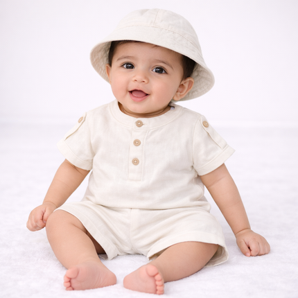 Baby Boy Off-White Summer Outfit Set with Hat (3-Piece)