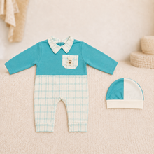 Early-Winter Romper Set with Cap – Turquoise & White