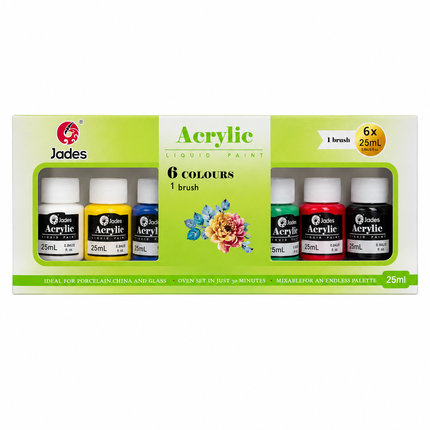 Jades Acrylic Liquid Paint Set – 6 Colors x 25ml with 1 Brush | Non-Toxic Multi-Surface Acrylic Paint Kit for Art, Crafts & DIY