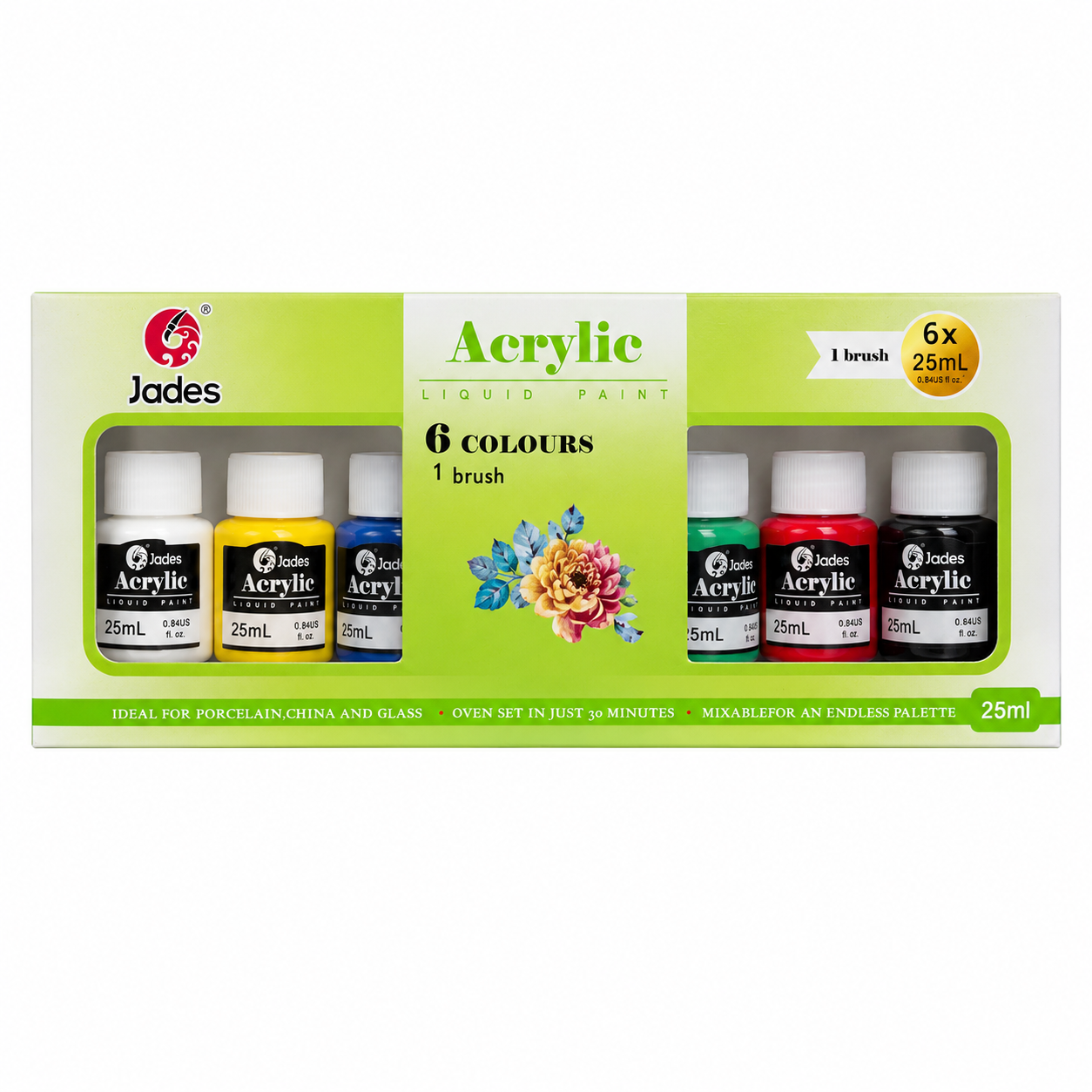 Jades Acrylic Liquid Paint Set – 6 Colors x 25ml with 1 Brush | Non-Toxic Multi-Surface Acrylic Paint Kit for Art, Crafts & DIY